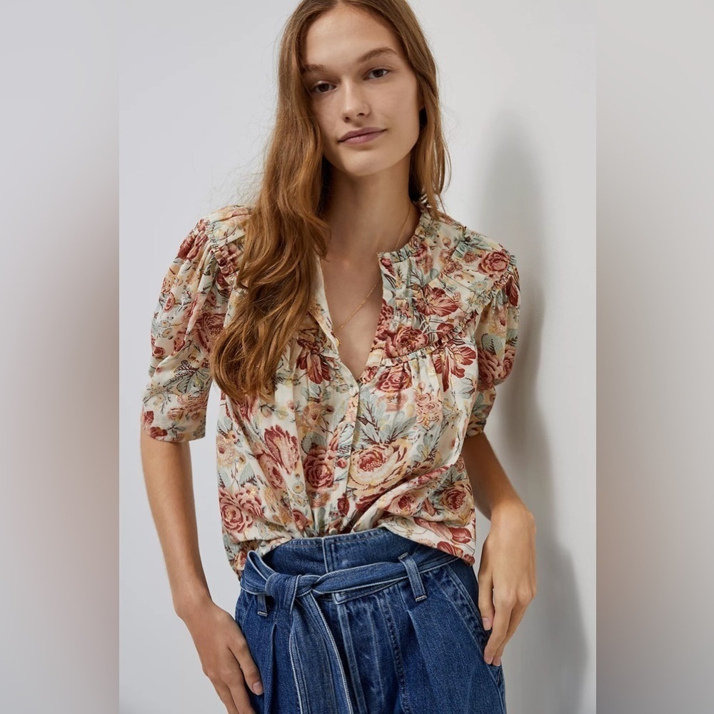 La Vie Rebecca Taylor Lucienne Floral Pleated Short Sleeve Top (106)